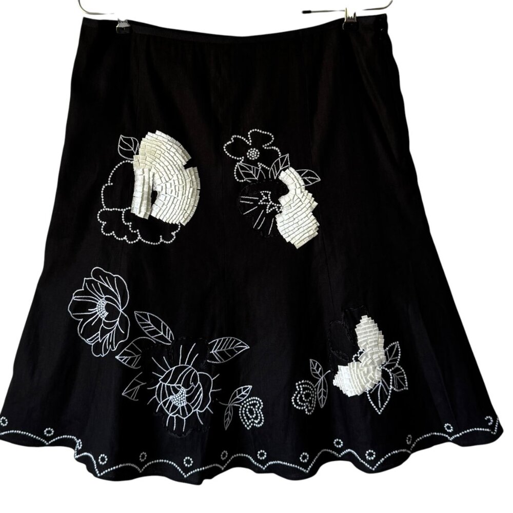 Etcetera Skirt Linen Blend Embellished Embroidery Bead Ribbon Lined Retro Pin Up
